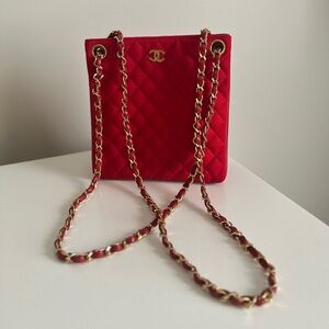 Vintage Chanel Red Canvas Quilted Shoulder Bag with Leather Trim & Gold Chain